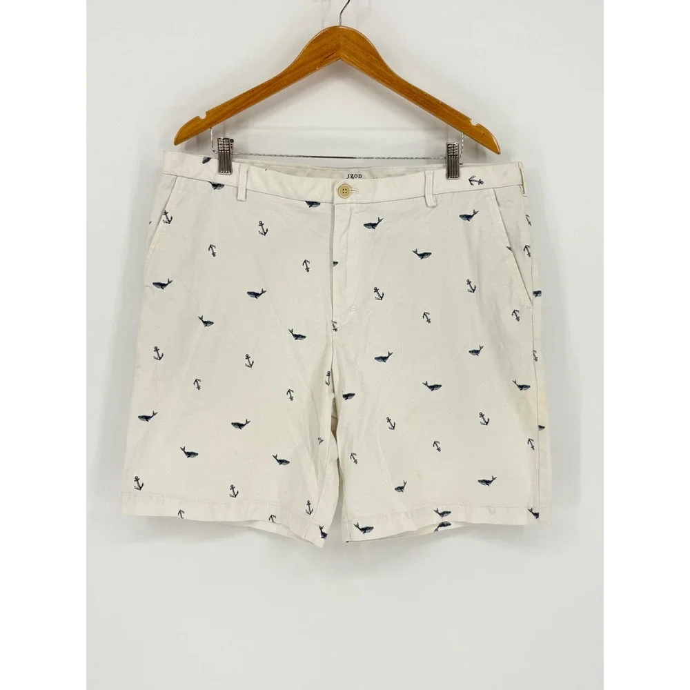 IZOD Saltwater Stretch Shorts Mens 38 White Whale Anchor Nautical Preppy Chino